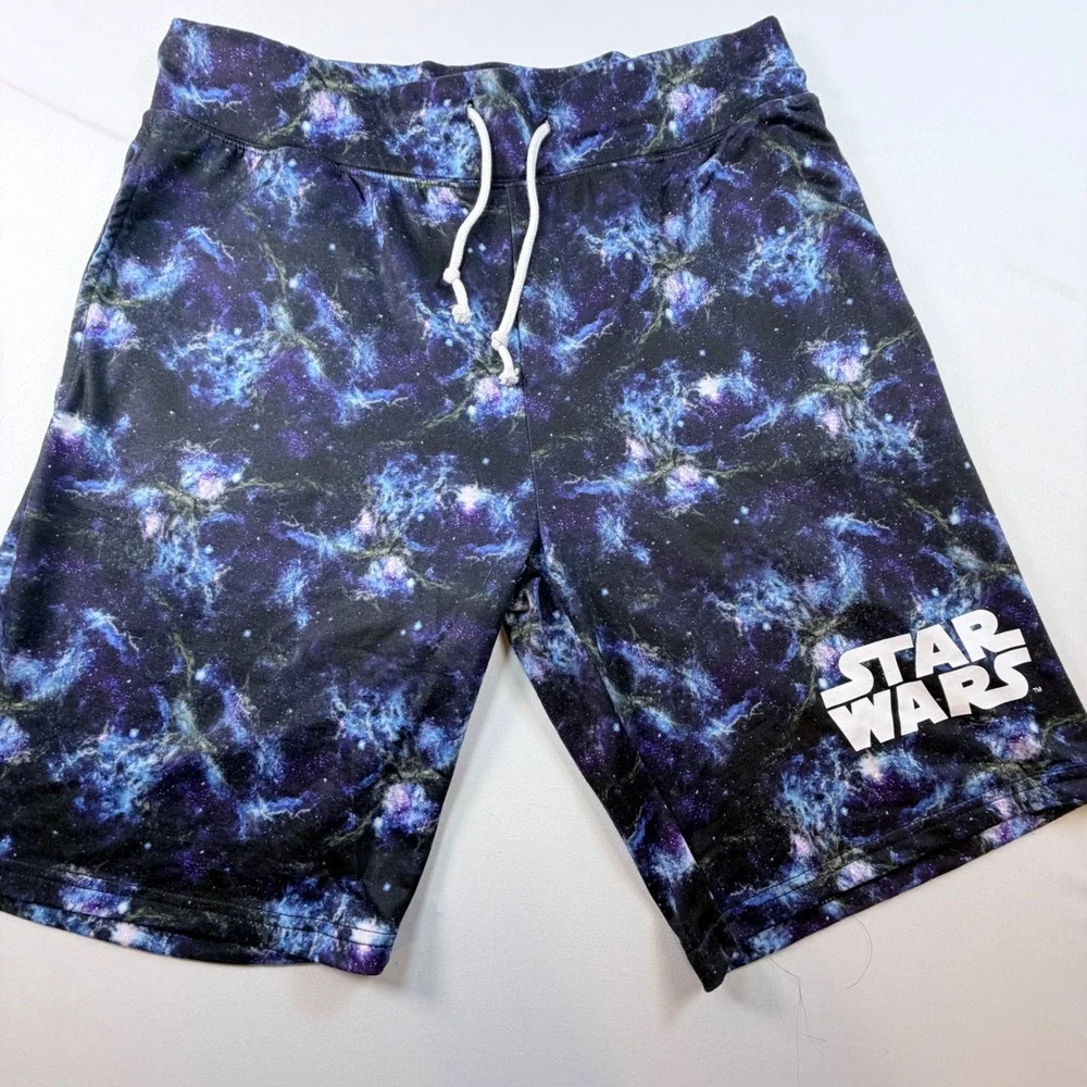Star Wars Mens Large Galaxy Print Lounge Shorts Drawstring Blue Black Disney LG